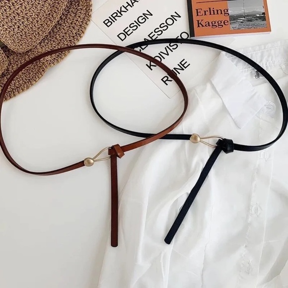 2/$30 Minimalist Brown Faux Leather Waist Belt Gold Loop Buckle Skinny for Dress - Picture 6 of 7